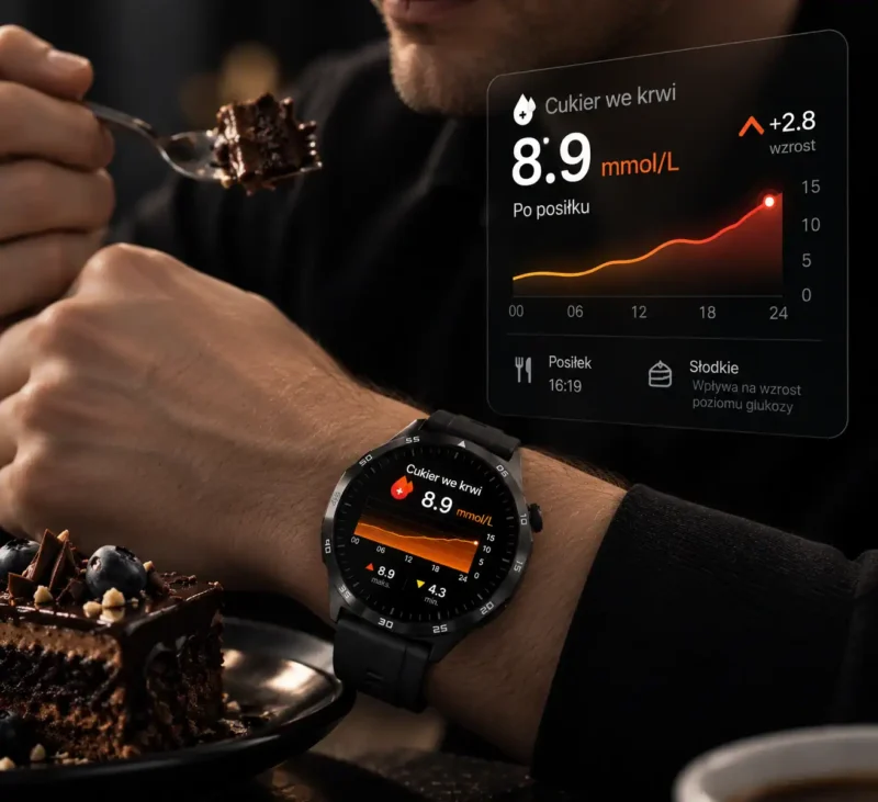 Smartwatch TickOn Watch 3 Care pokazuje poziom glukozy 8.9 mmol/L.