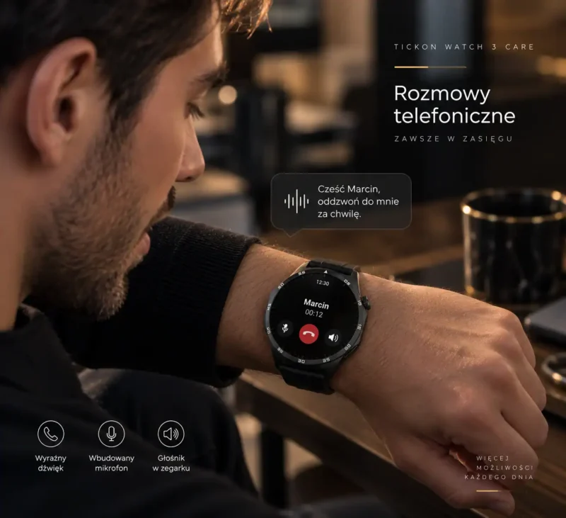 TickOn Watch 3 Care: Mężczyzna odbiera rozmowę telefoniczną na smartwatchu.