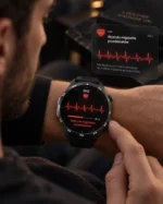 Mężczyzna sprawdza EKG na zegarku TickOn Watch 3 Care, wykryto migotanie przedsionków