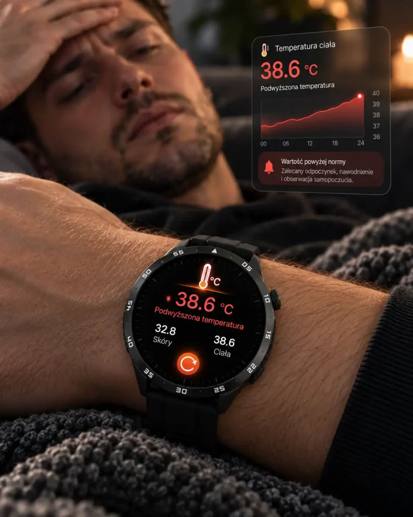 Pomiar temperatury ciała i skóry na TickOn Watch 3 Care
