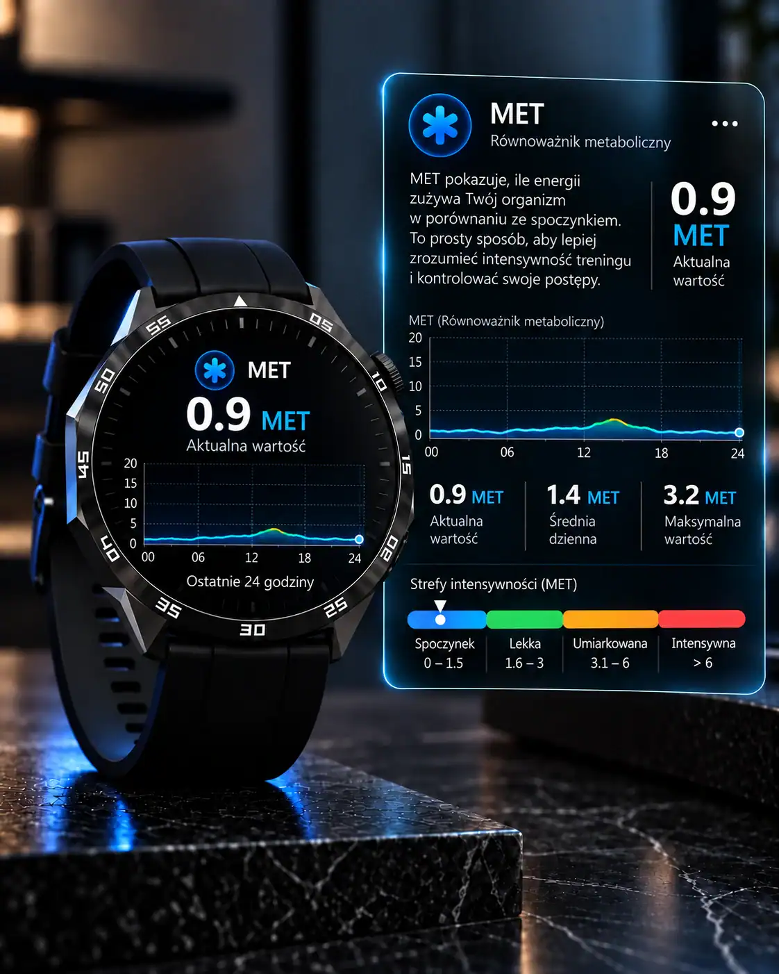 Smartwatch prezentuje wskaźnik MET i postęp treningu
