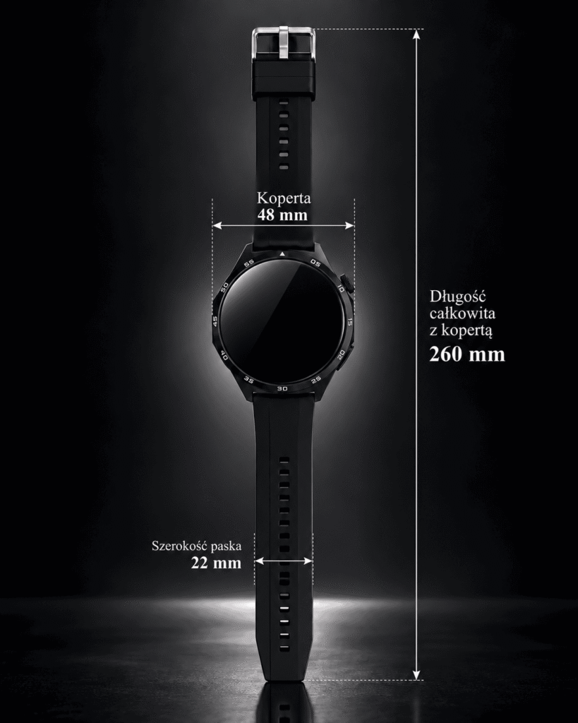 Zegarek TickOn Watch 3 Care z czarnym paskiem, wymiary 260 mm długości i 22 mm szerokości paska.