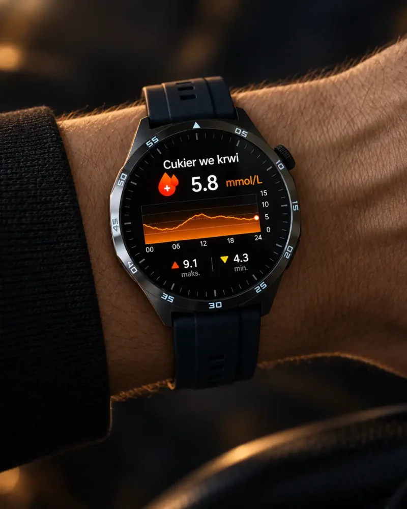 Zegarek TickOn Watch 3 Care pokazuje poziom cukru we krwi 5.8 mmol/L